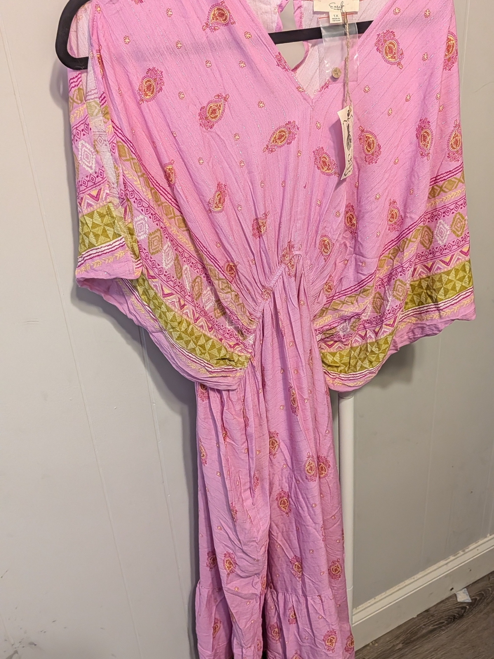 Boho Pink V-Neck Maxi Dress with Olive Tribal Trim